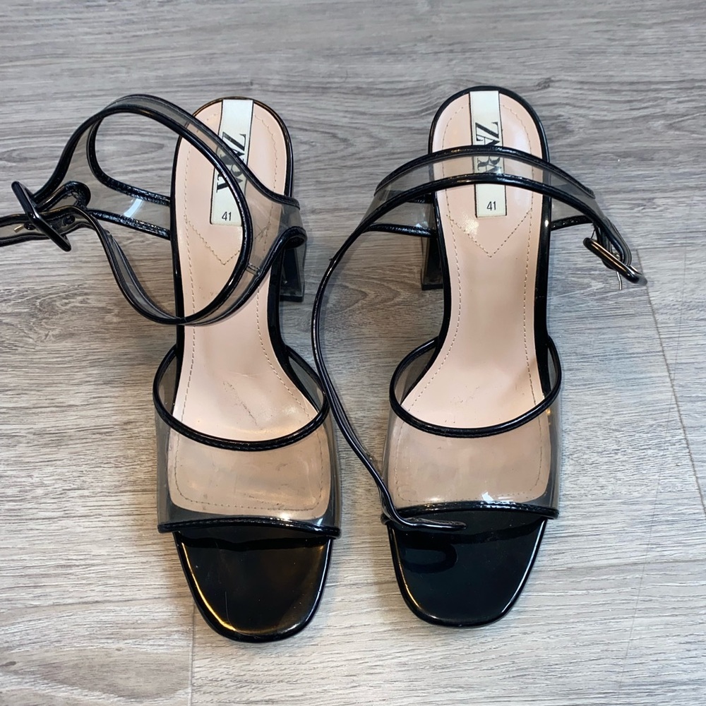 ZARA clear heels with buckle straps.